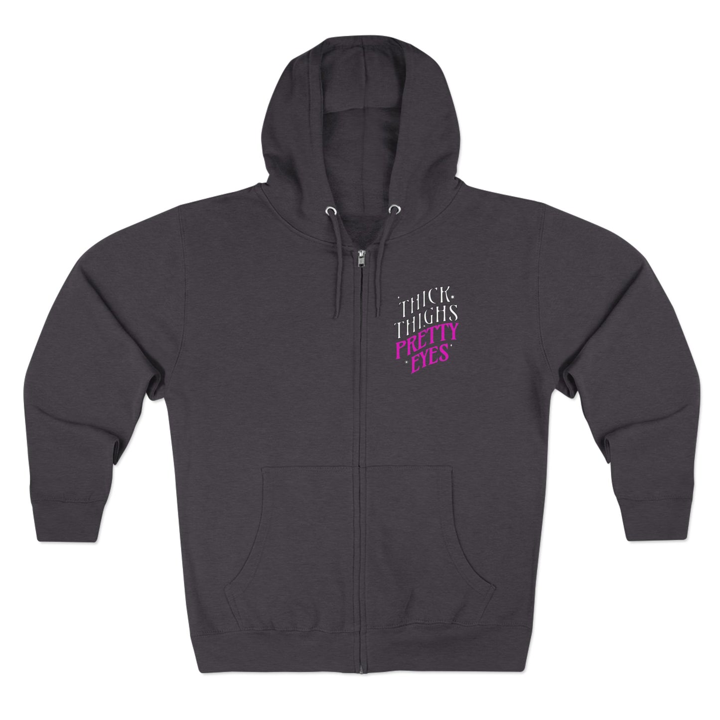 Dark gray hoodie with pink text on a white background