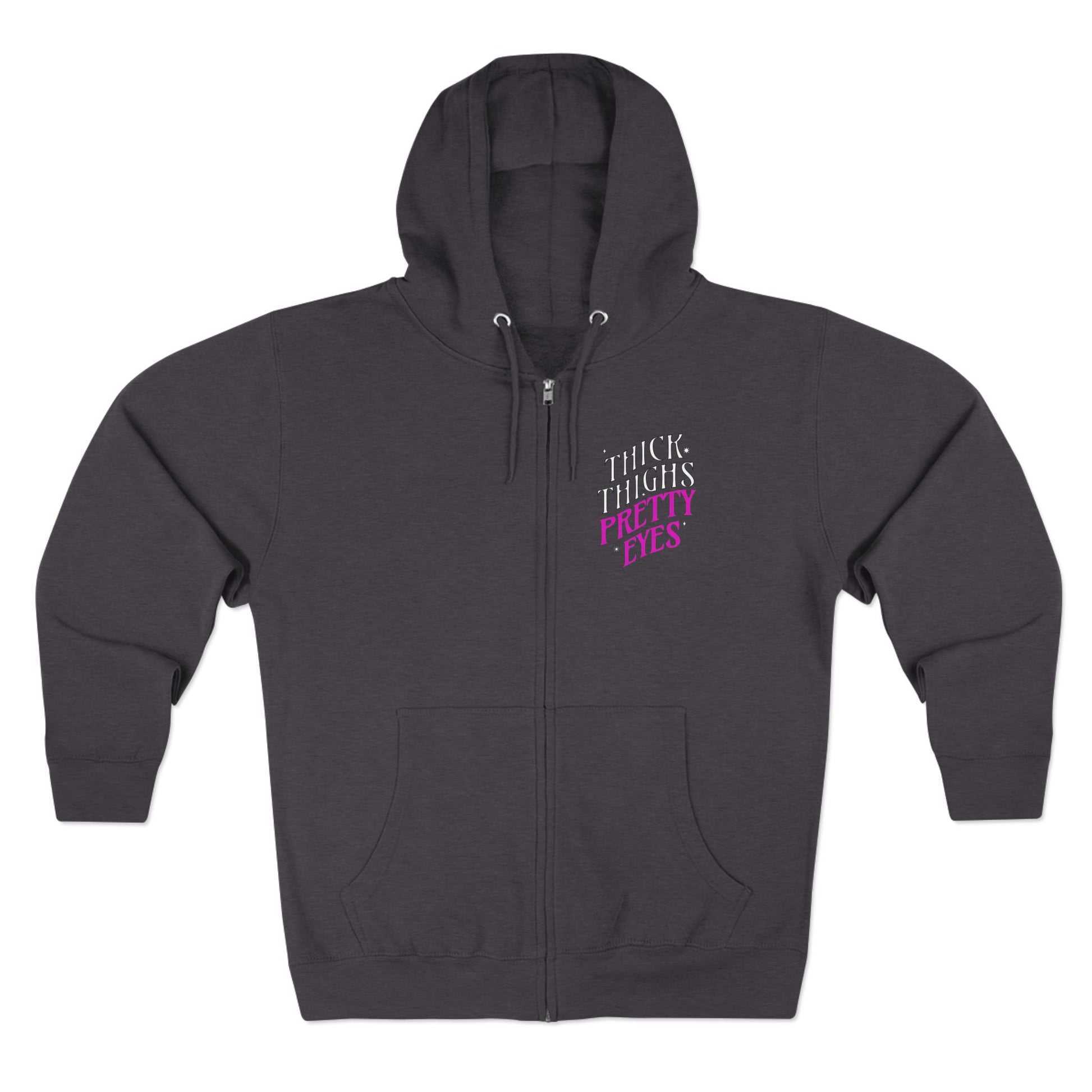 Dark gray hoodie with pink text on a white background