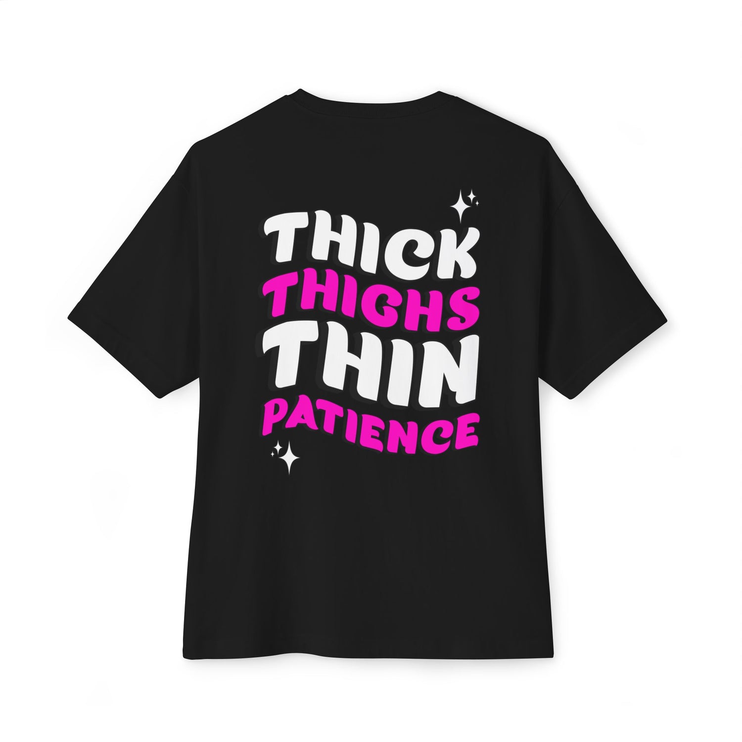 Black t-shirt with colorful text on a white background