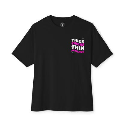 Black t-shirt with text design on a white background