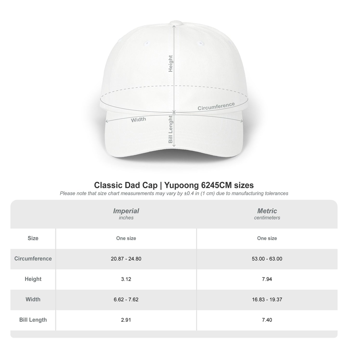 White cap with measurement chart on a white background