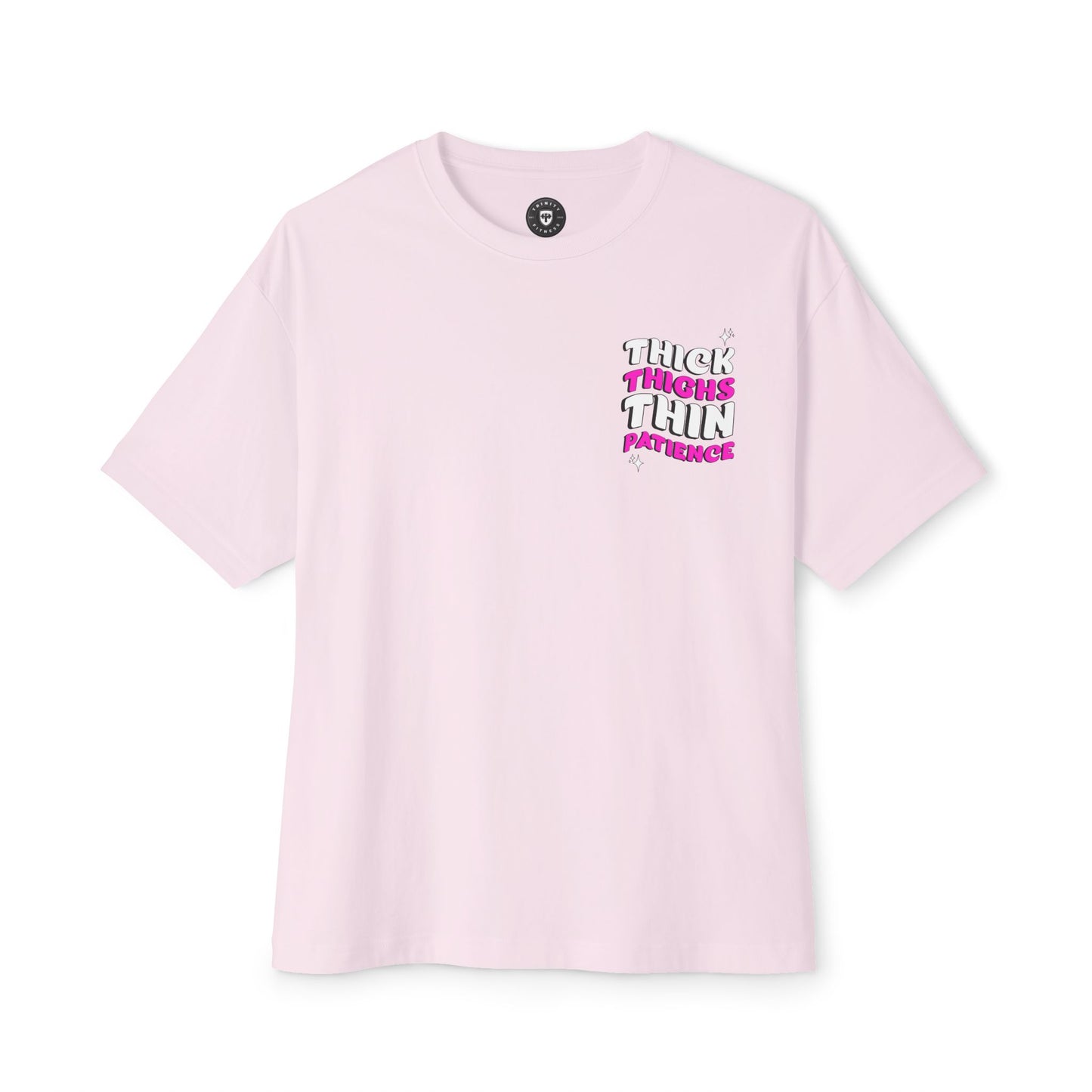Pink t-shirt with text on a white background