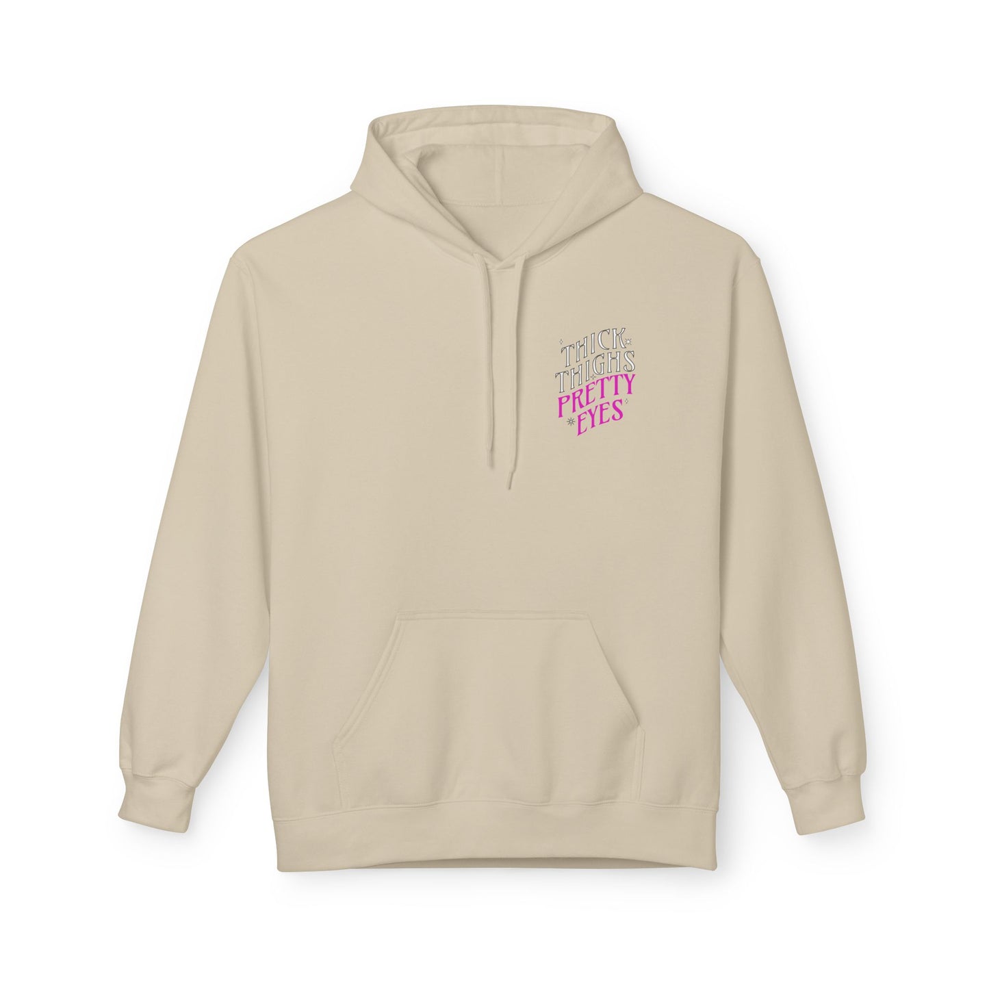 Beige hoodie with text on the chest against a white background