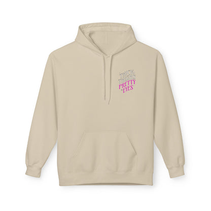 Beige hoodie with text on the chest against a white background