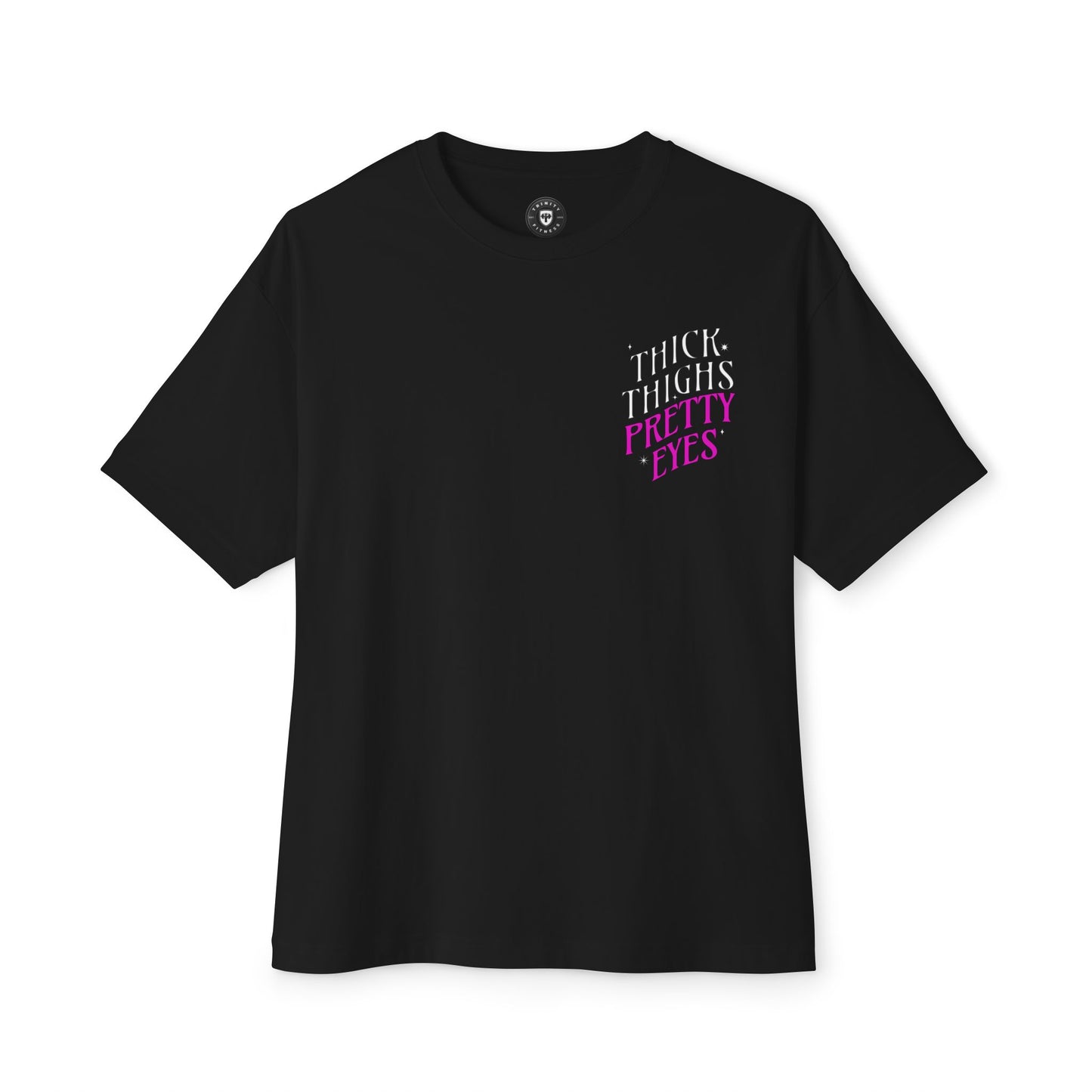 Black t-shirt with pink text on a white background