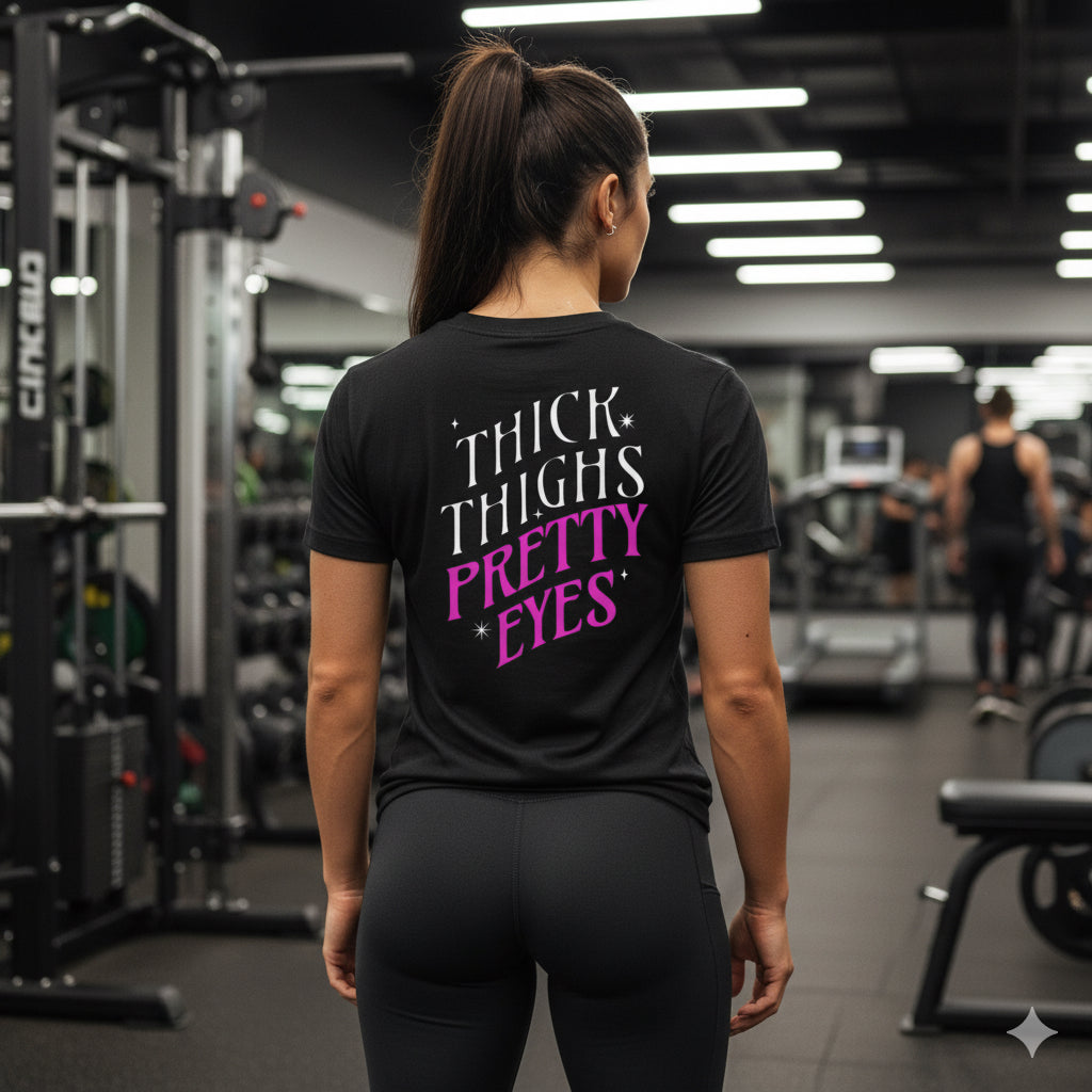 Person wearing a black t-shirt with text in a gym setting